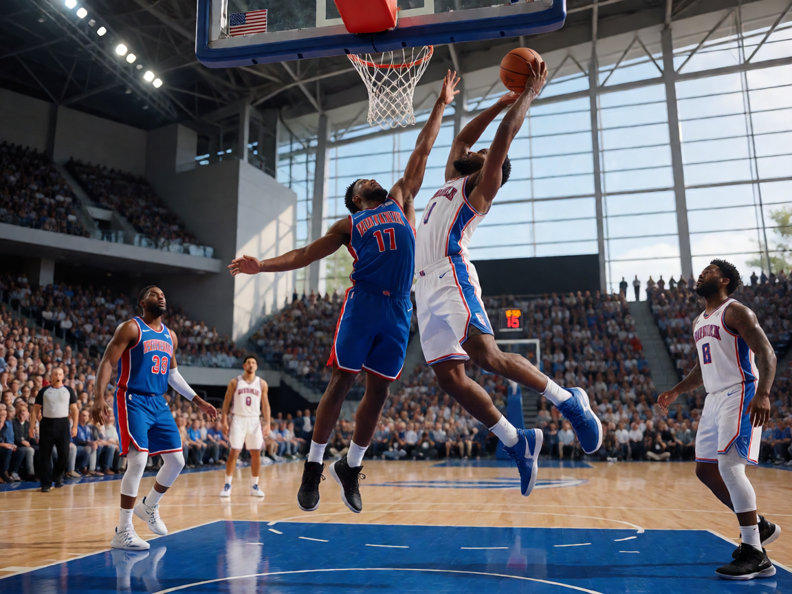 NBA篮球比赛现场，球员激烈对抗瞬间